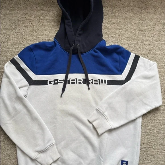 G-STAR RAW Blue & White Logo Hoodie men’s Large - Picture 2 of 6